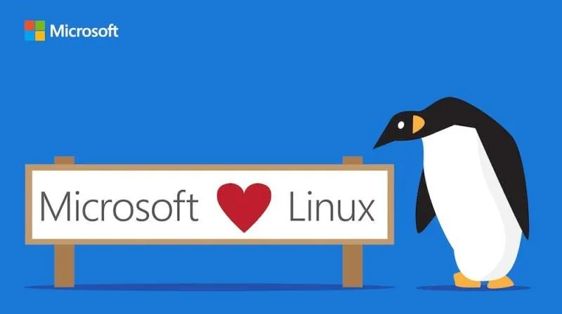Ilustrace Microsoft miluje Linux s logem Microsoftu, srdcem a linuxovým tučňákem Tuxem
