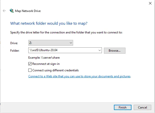 Dialog Windows Připojit síťovou jednotku ukazující na WSL mount