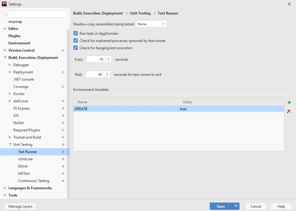 Nastavení proměnné prostředí UPDATE pro test runner v JetBrains Rideru