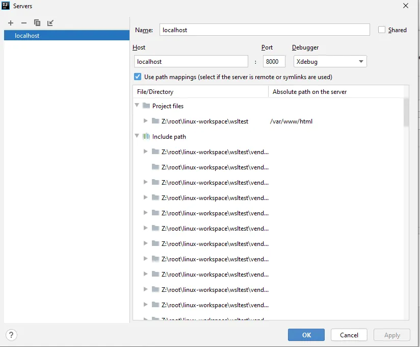 Konfigurace serveru v IntelliJ s hostitelem, portem a path mappings