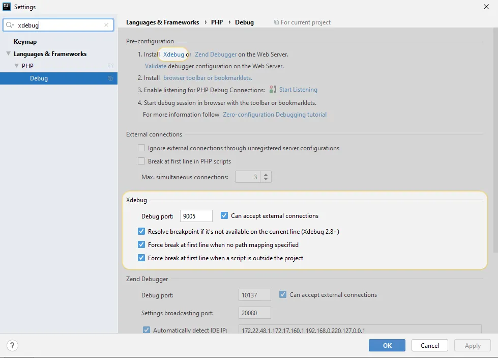 Nastavení portu Xdebugu v předvolbách IntelliJ